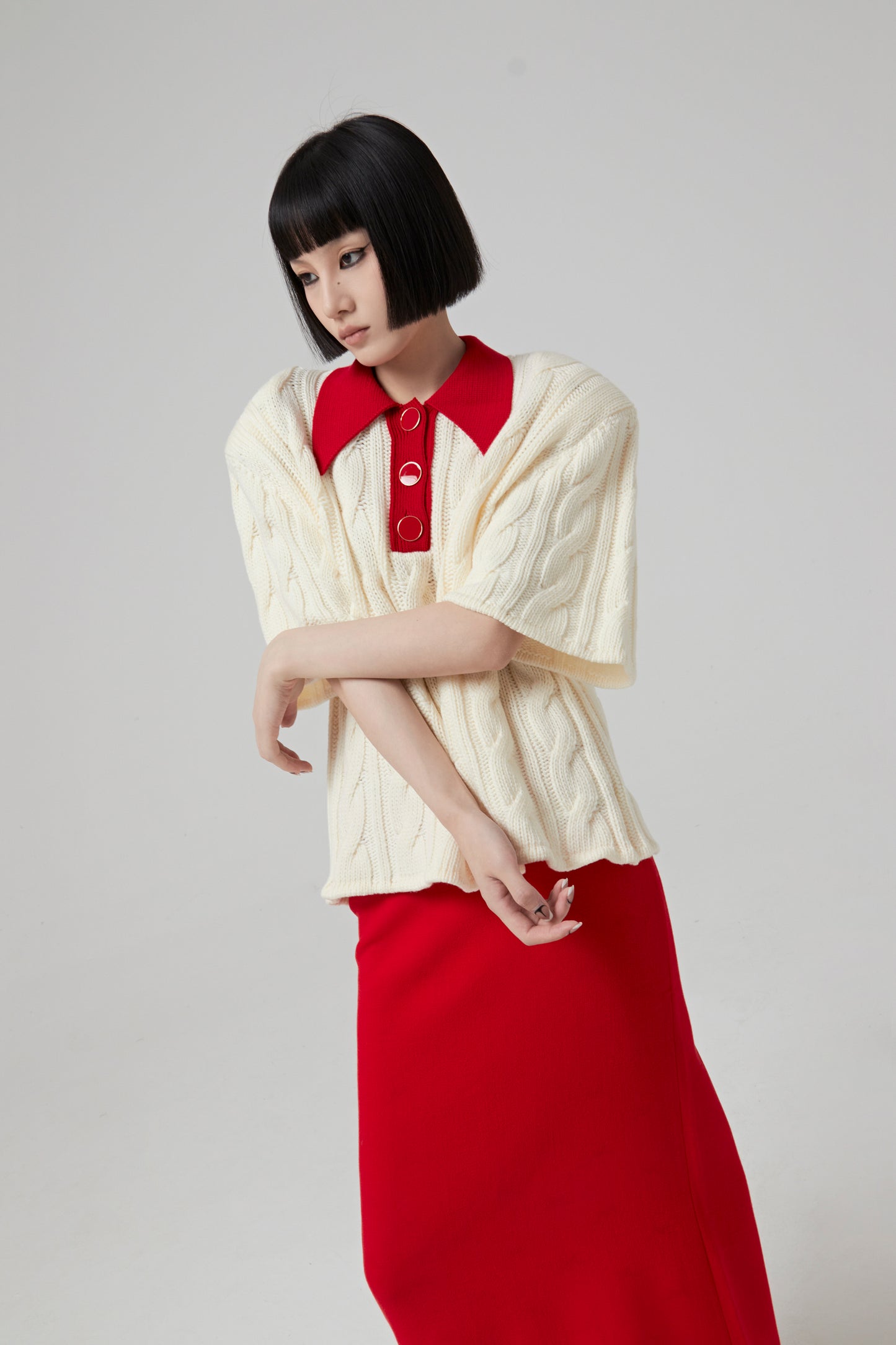 Bi-color Cable Knit Wool Polo