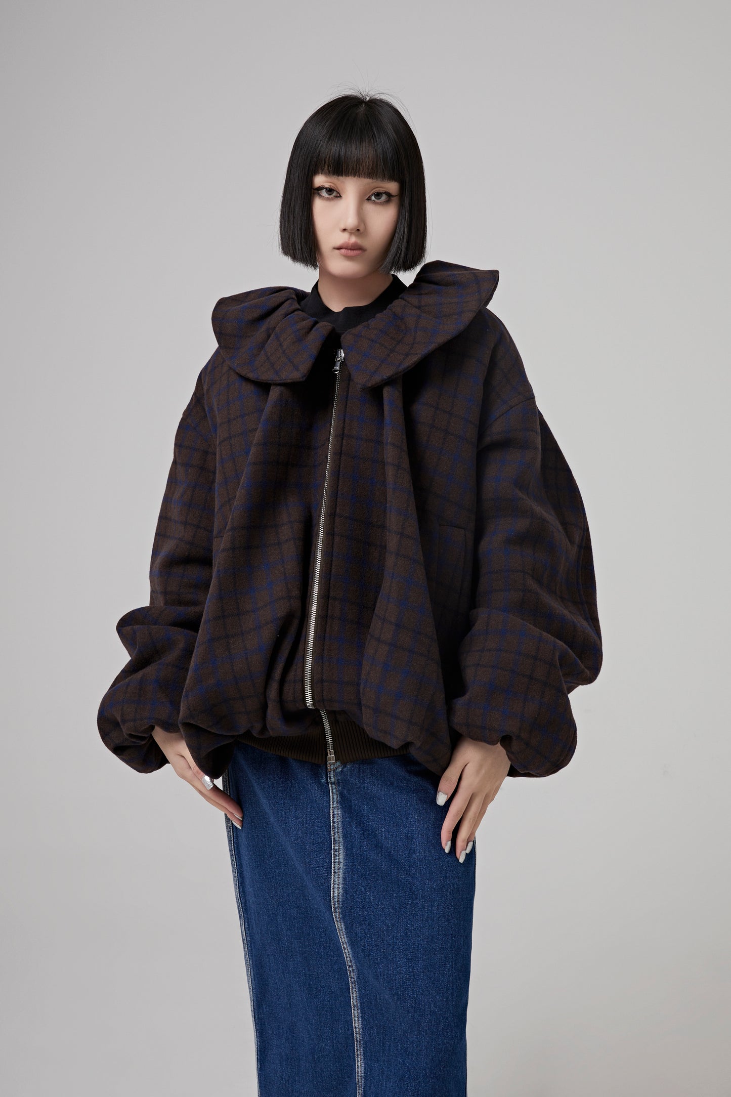 BROWN WOOL CHECK SHIRRING OVERSIZED JUMPER