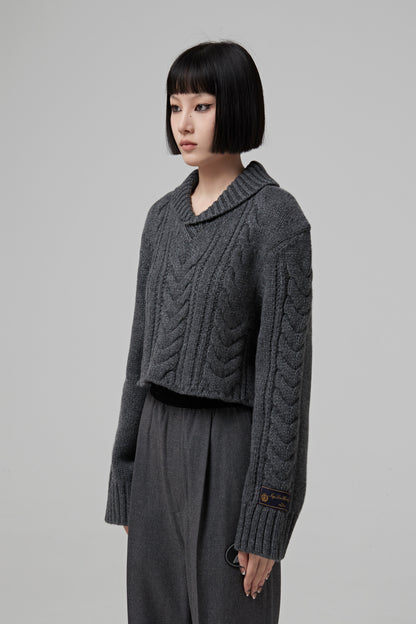 GREY SHAWL COLLAR CABLE CROP SWEATER