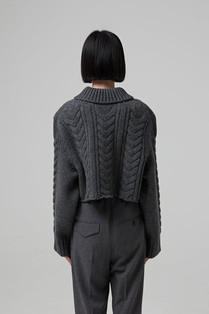 GREY SHAWL COLLAR CABLE CROP SWEATER