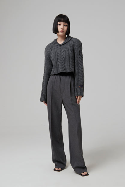 GREY SHAWL COLLAR CABLE CROP SWEATER