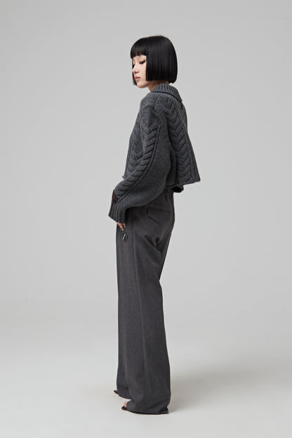 GREY SHAWL COLLAR CABLE CROP SWEATER