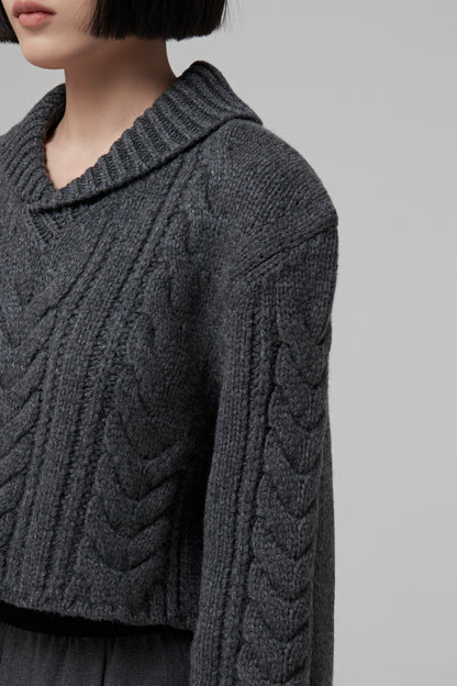 GREY SHAWL COLLAR CABLE CROP SWEATER