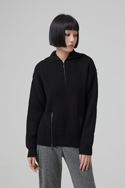 WOOL TRUCKER SWEATER WITH 2 ZIPPED SLITS AT THE BOTTOM