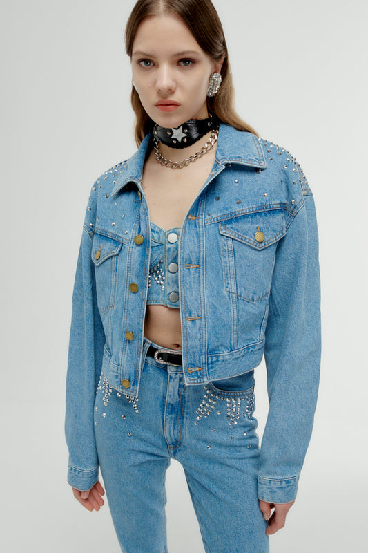 DENIM JACKET WITH CRYSTAL EMBELLISHMENT