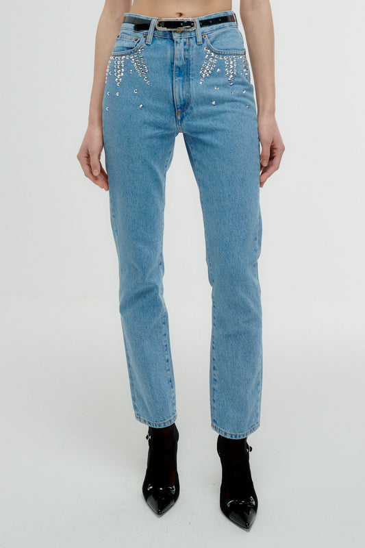 STRAIGHT DENIM JEANS WITH CRYSTAL EMBELLISHMENT