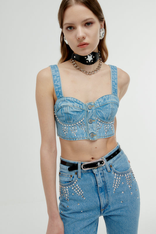 DENIM BRALET WITH CRYSTAL EMBELLISHMENT