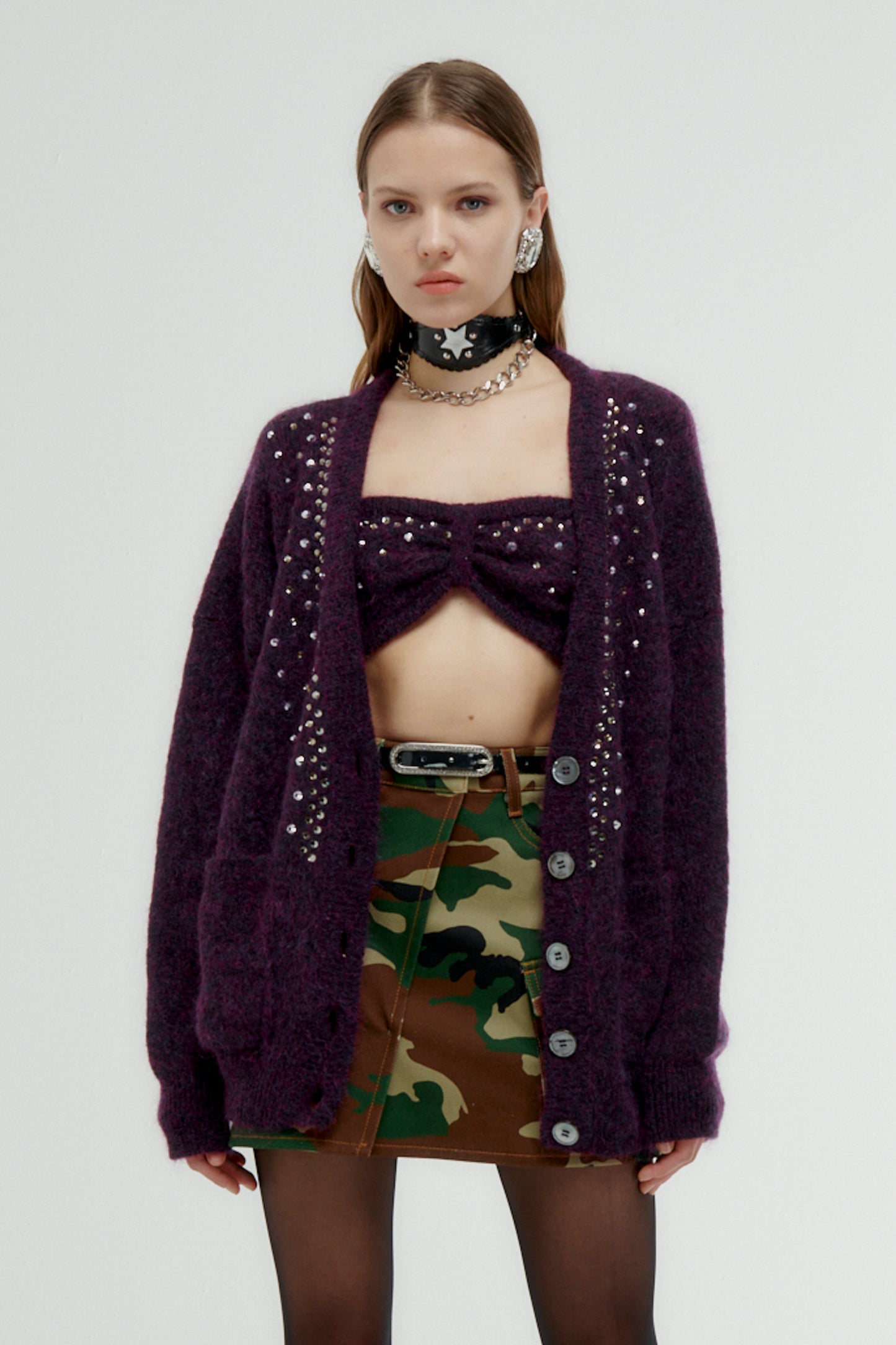 MOHAIR KNITTED LONG CARDIGAN WITH CRYSTAL HOTFIX