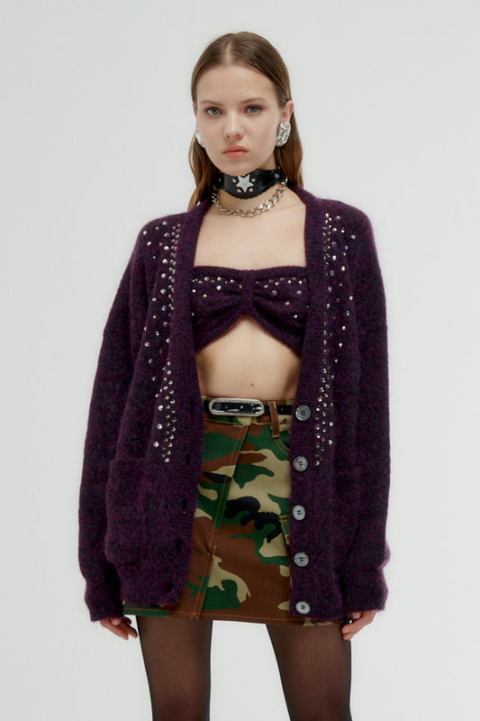 MOHAIR KNITTED LONG CARDIGAN WITH CRYSTAL HOTFIX