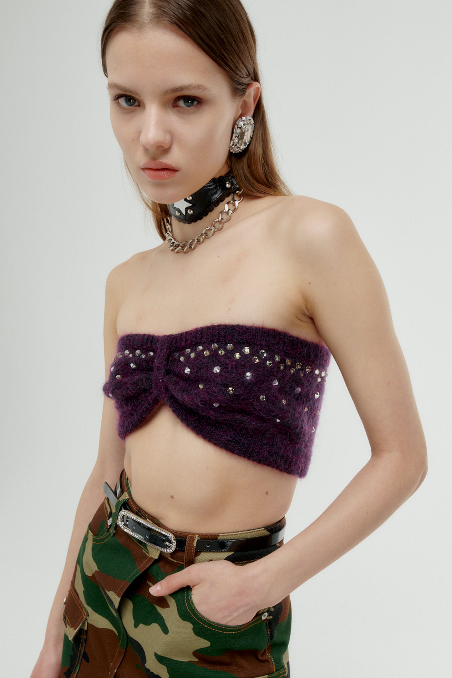 MOHAIR KNITTED BANDEAU WITH CRYSTAL HOTFIX
