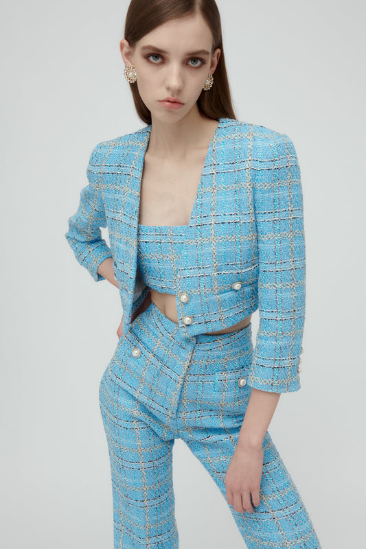 CHECKED TWEED CROPPED JACKET