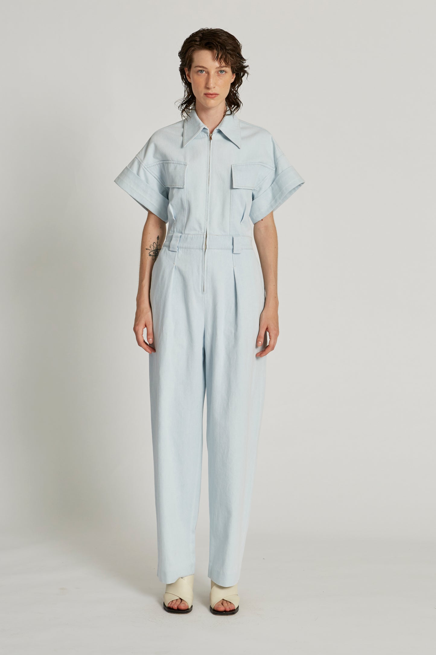 DENIM ZIP-UP WIDESLEEVE JUMPSUIT