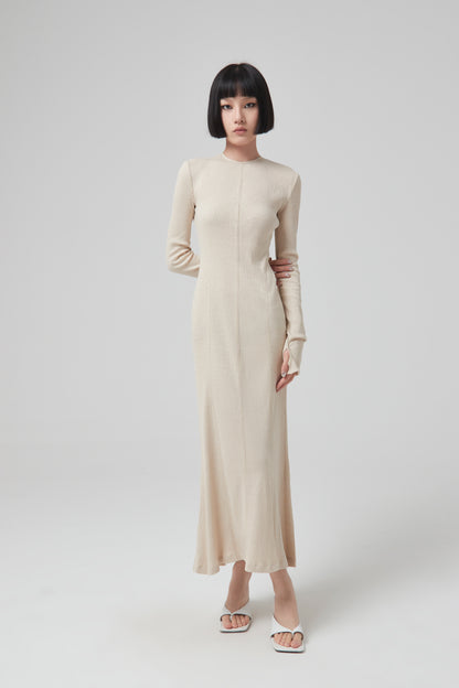 CREW NECK OPEN BACK RIBBED JERSEY DRESS