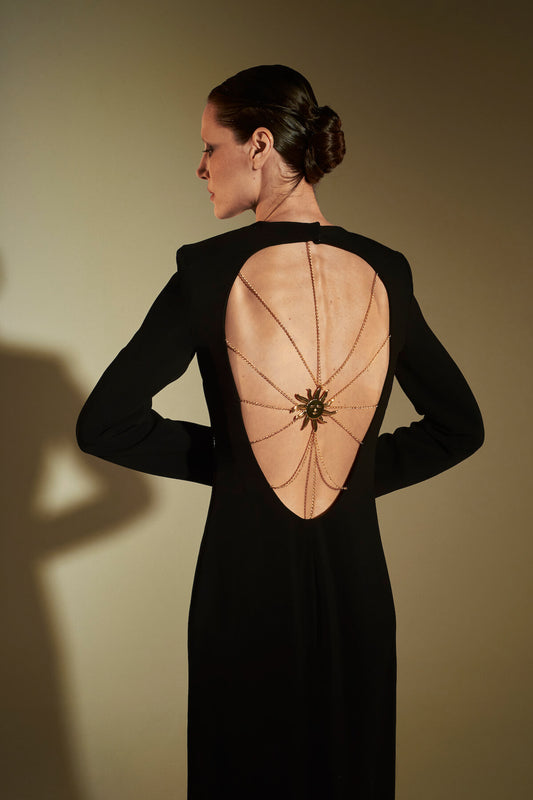 OPEN BACK SABLÉ LONG DRESS WITH SUN JEWEL