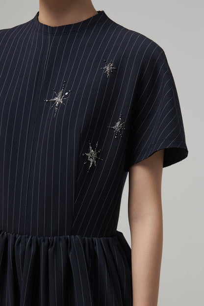 NAVY BEADING VOLUME DRESS