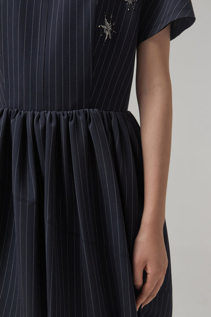 NAVY BEADING VOLUME DRESS