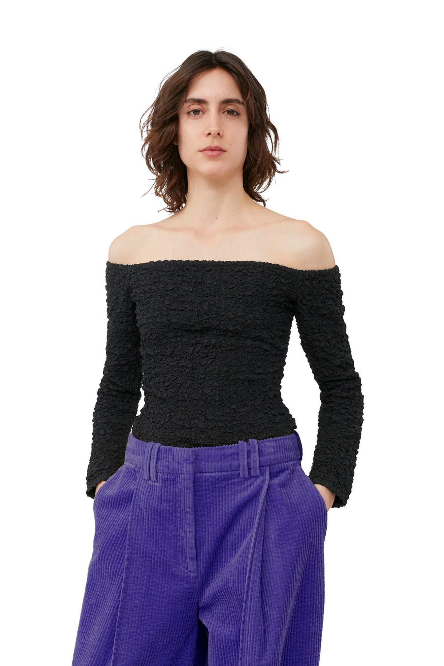 Cotton Poplin Off-shoulder Smock Blouse