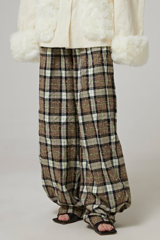 OVERSIZED LOW-WAISTED PANTS - CHECKED TWEED