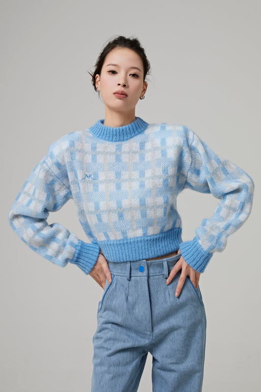 OVERSIZED MOHAIR CROPPED SWEATER WITH CHECKED PATTERN