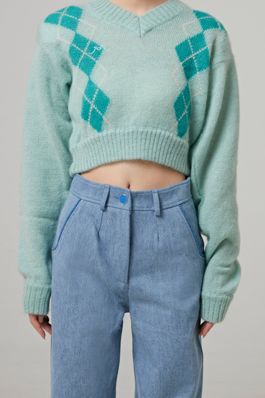 OVERSIZED V NECK CROPPED MOHAIR SWEATER WITH DIAMOND PATTERN