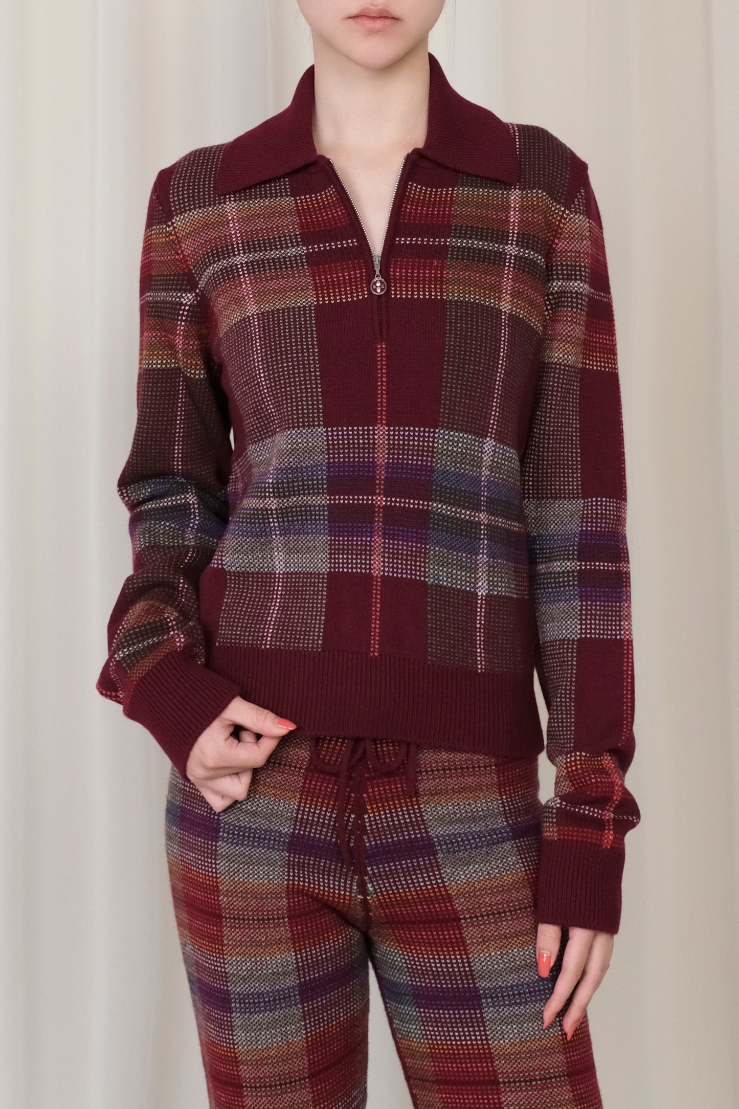 LADIES LS ZIP POLO WITH A/O FUZZY LIGHT TARTAN