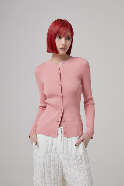 LONG SLEEVE RIBBED BUTTON FRONT CARDIGAN