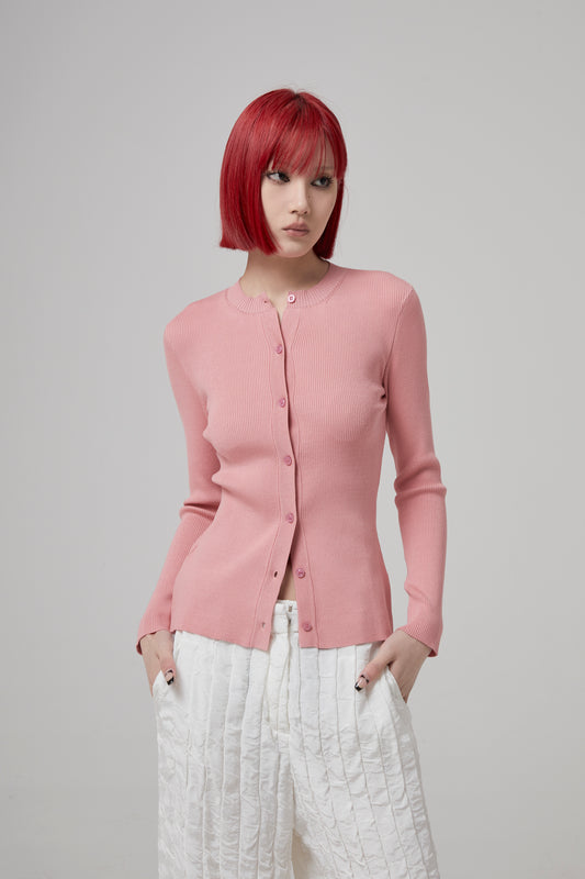 LONG SLEEVE RIBBED BUTTON FRONT CARDIGAN