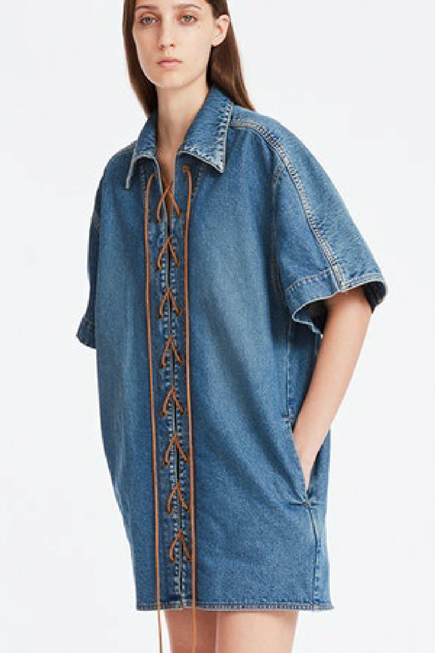 SHORT SLEEVED DENIM TUNIC DRESS WITH TIES