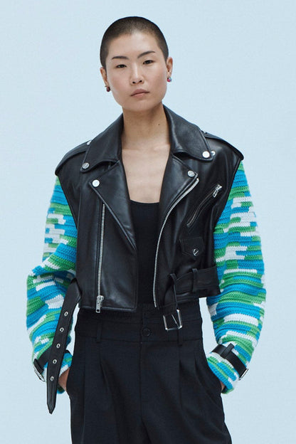 CROCHET SLEEVE LEATHER JACKET