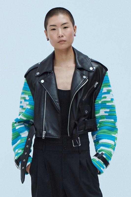CROCHET SLEEVE LEATHER JACKET