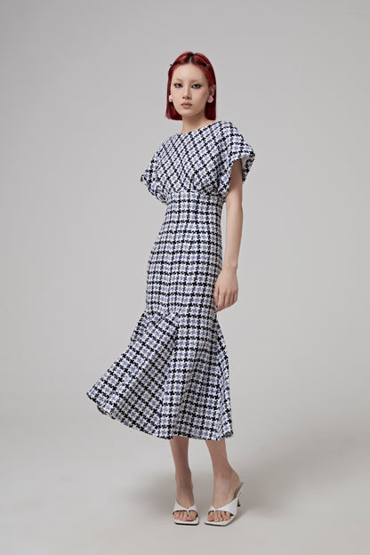 S/S FITTED MIDI DRESS W/ FLARE SKIRT HEM