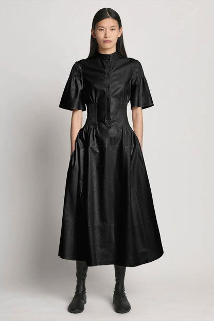 Leather Pintuck Dress