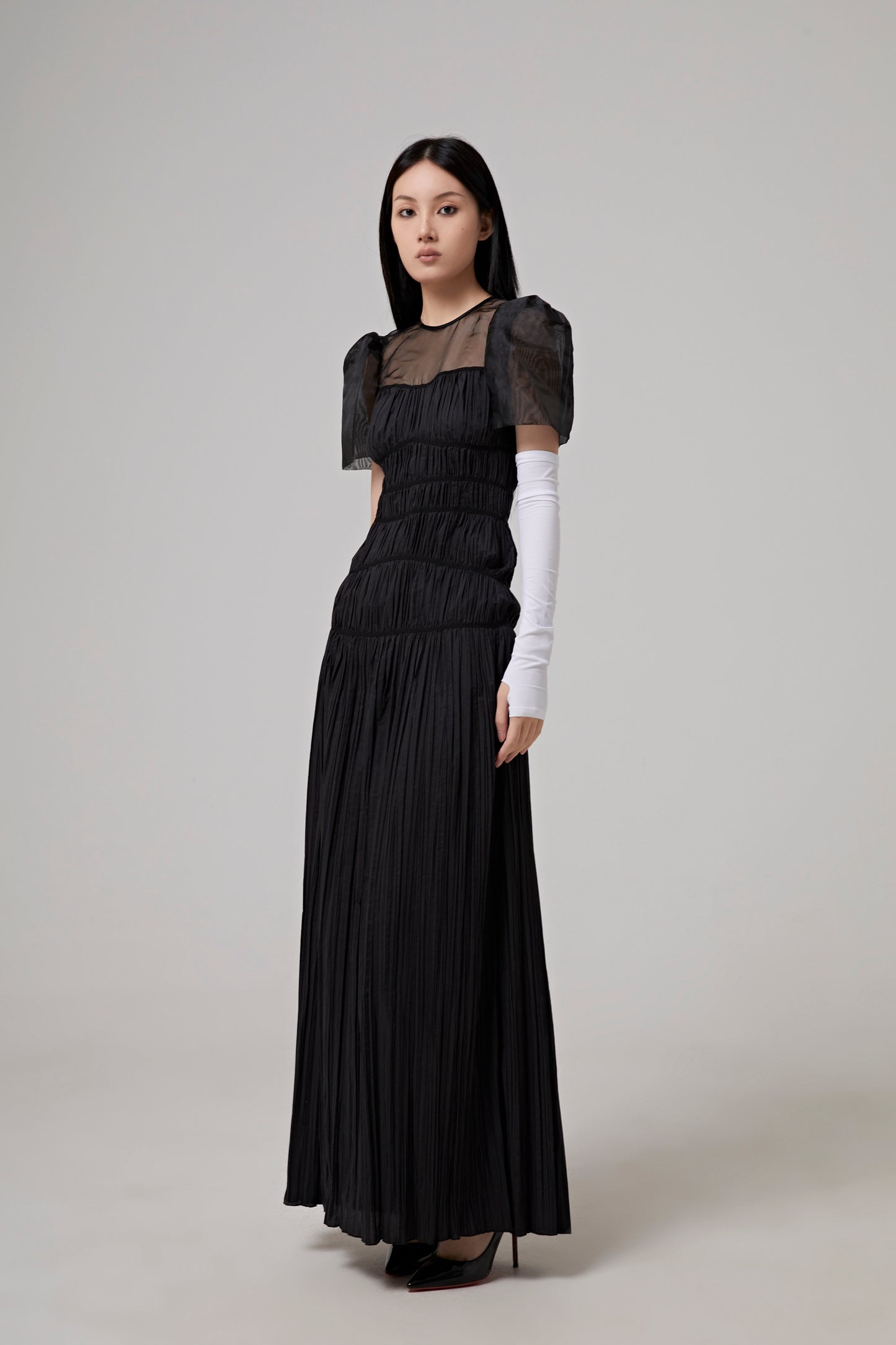 SHORT SLEEVES BUSTIER LONG DRESS