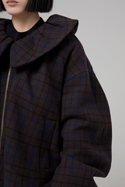 BROWN WOOL CHECK SHIRRING OVERSIZED JUMPER