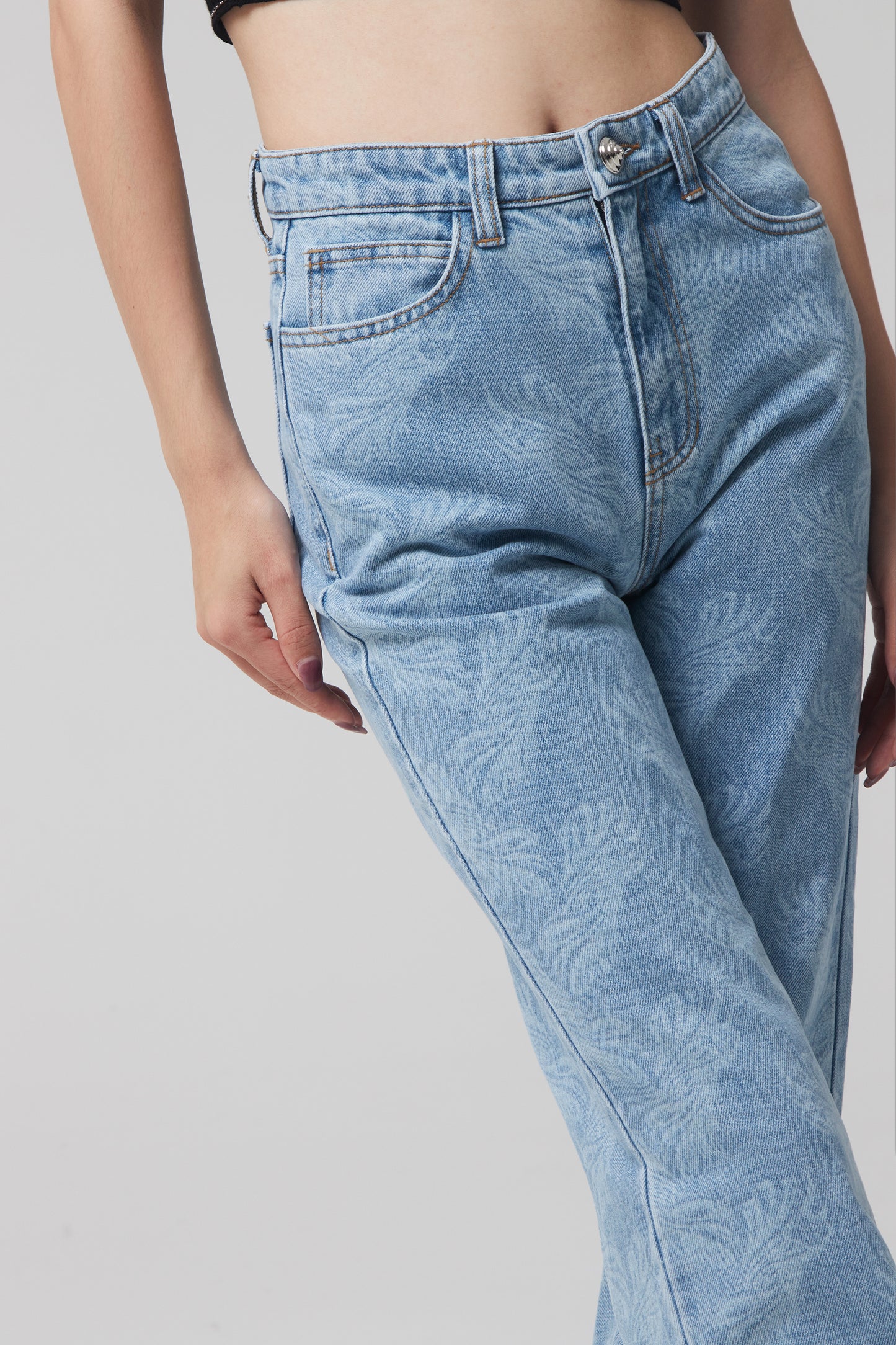 ALLOVER PRINTED SEMI BOOTCUT DENIM PANTS