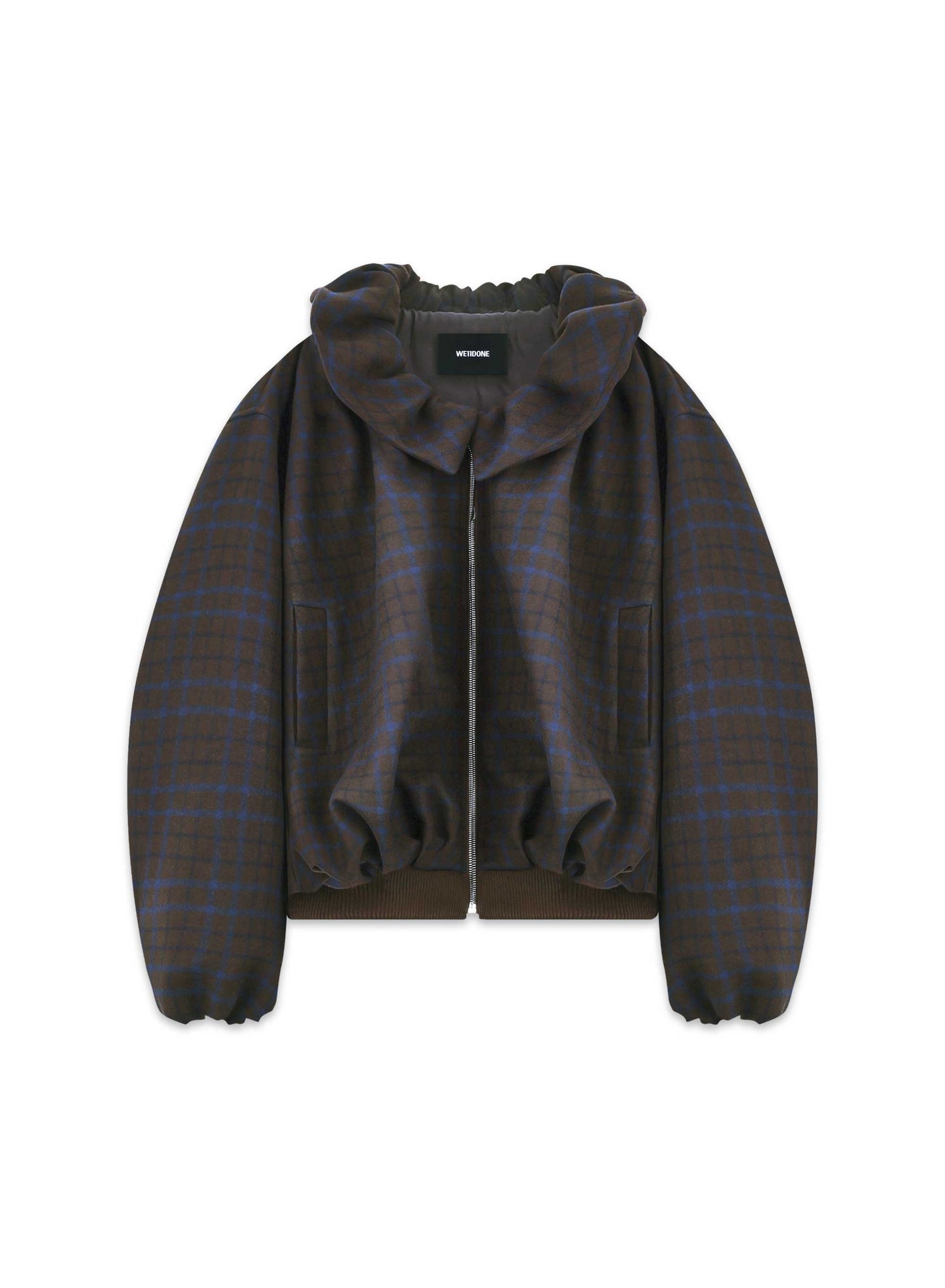 BROWN WOOL CHECK SHIRRING OVERSIZED JUMPER