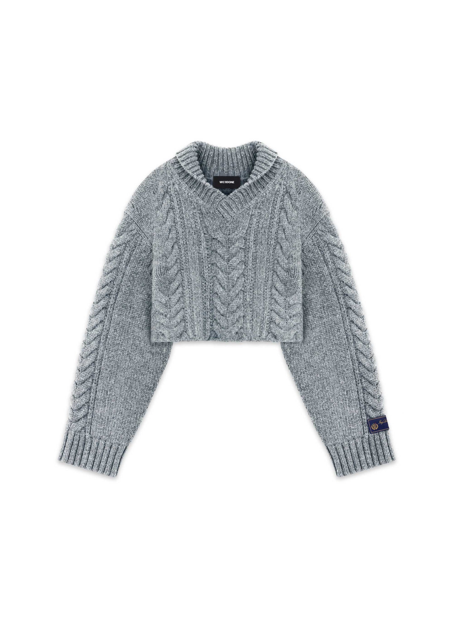 GREY SHAWL COLLAR CABLE CROP SWEATER