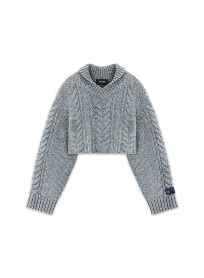 GREY SHAWL COLLAR CABLE CROP SWEATER